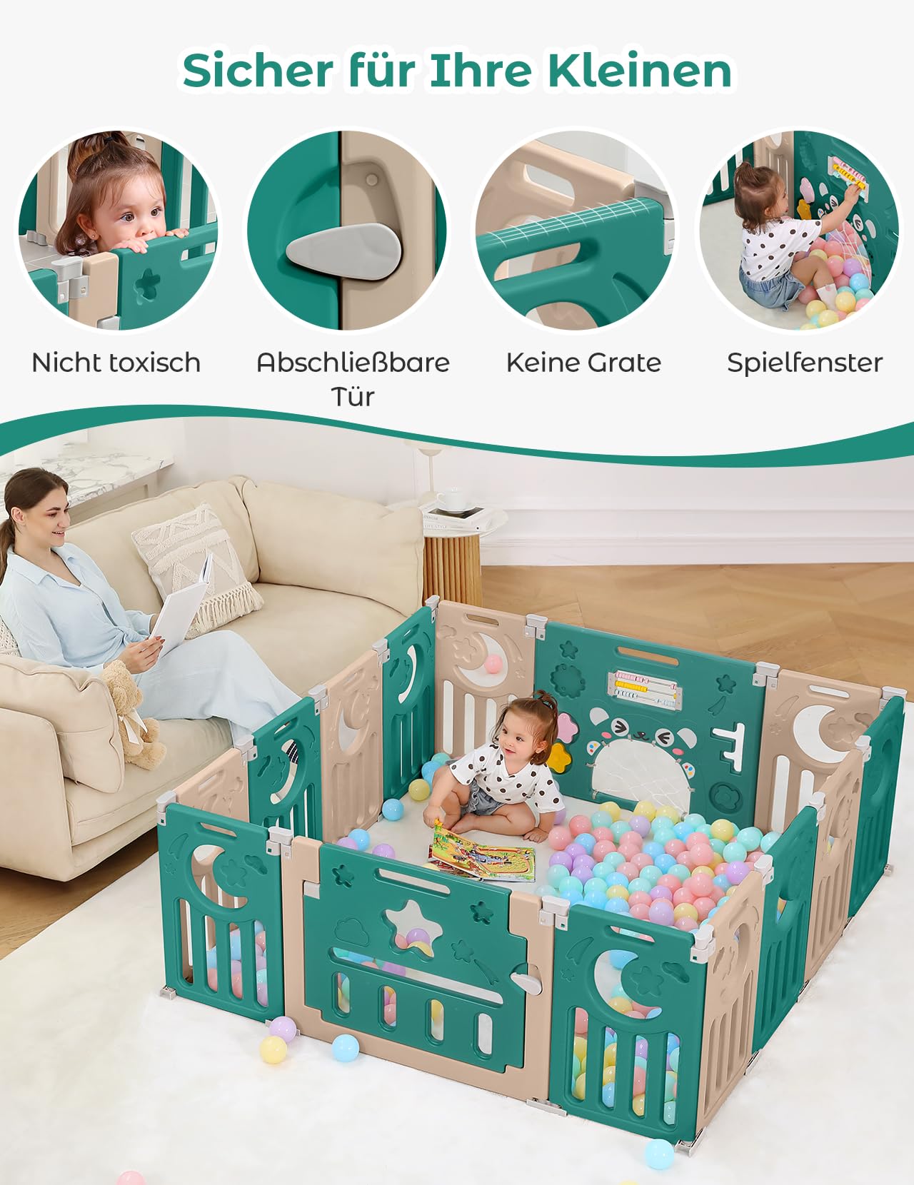 Dripex Laufstall Baby faltbar 150x150x62cm (14 Paneele) mit Spielboard, Laufgitter Baby, Kinderlaufstall & Babyzaun aus strapazierfähigem Plastik, Playpen für Innen & Außen, Braun