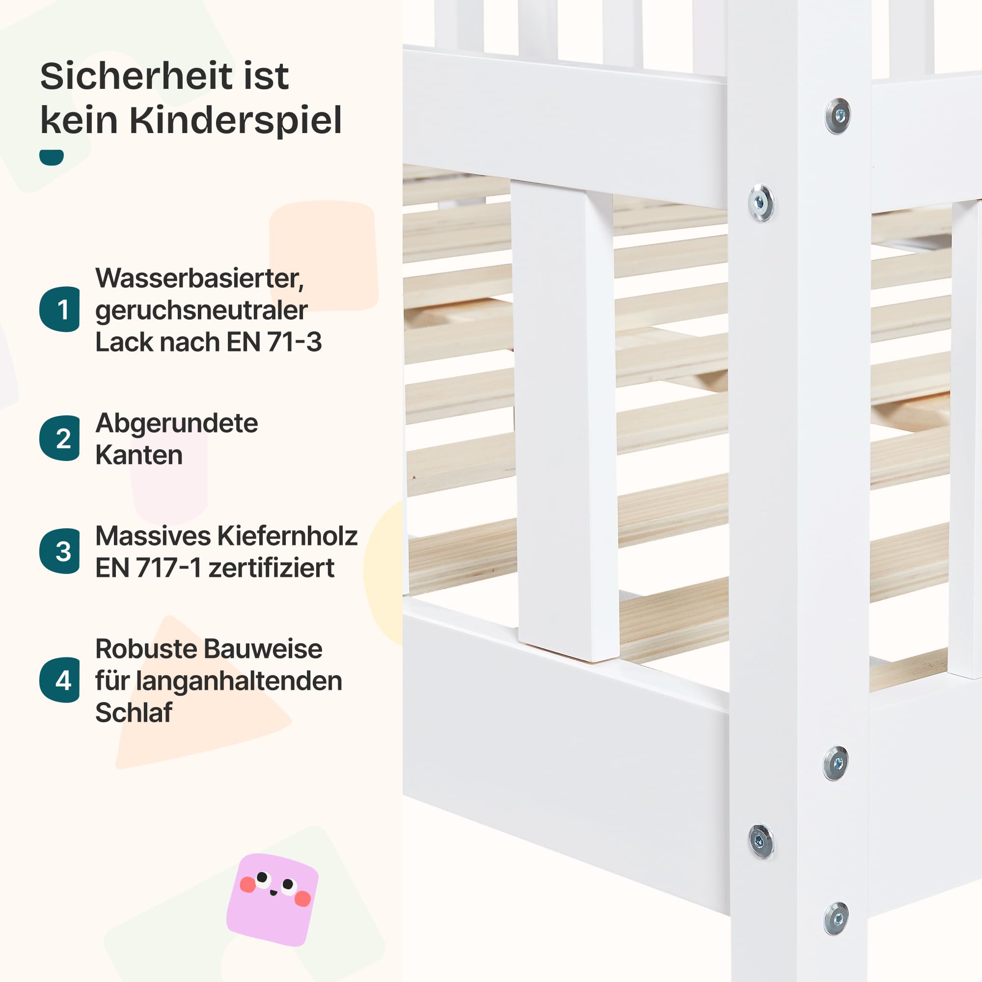 [en.casa] Kinderbett Sisimiut Hausbett Montessori 140 x 200 cm mit Rausfallschutz Holzbett für Kinder Bodenbett Lattenrost Kiefernholz Weiß matt