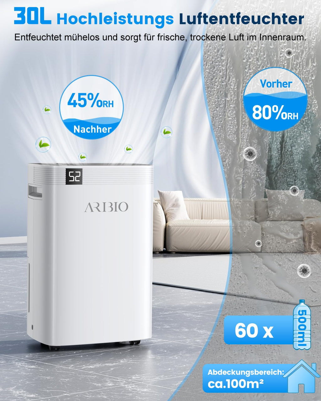 Luftentfeuchter Elektrisch, 30L/Tag Leistungsstarker Entfeuchter mit LED Anzeige,Timer, Wäschetrocknung, Raumgröße ca 300m³/100㎡, Gegen Feuchtigkeit & Schimmel in Keller, Badezimmer & Wohnung