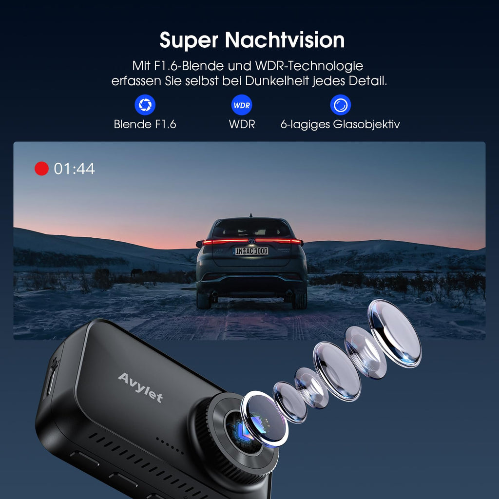 Avylet 4K/2.5K+1080P Dashcam Auto Vorne Hinten, 5GHz WiFi/APP Dual Kamera mit 64GB Card, ADAS Spurhalteassistent, Parküberwachung, externem GPS, Super Nachtsicht, WDR, G-Sensor, 170°+150° Weitwinkel