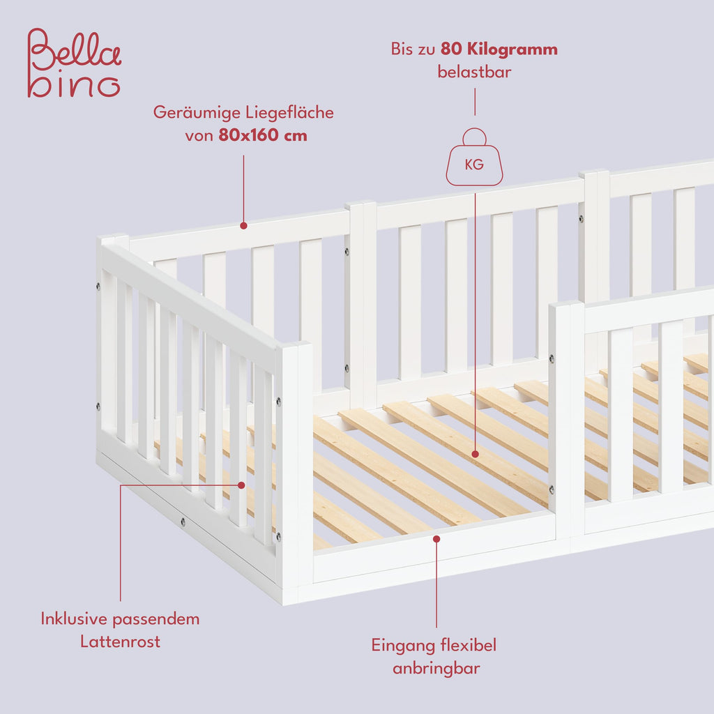 Bellabino Tapi Bett 80x160 cm, Kinderbett mit Rausfallschutz, inklusive Lattenrost, Montessori Bodenbett für Jungen und Mädchen aus Kiefer Massivholz, weiß lackiert, Bed