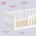 Bellabino Tapi Bett 80x160 cm, Kinderbett mit Rausfallschutz, inklusive Lattenrost, Montessori Bodenbett für Jungen und Mädchen aus Kiefer Massivholz, weiß lackiert, Bed
