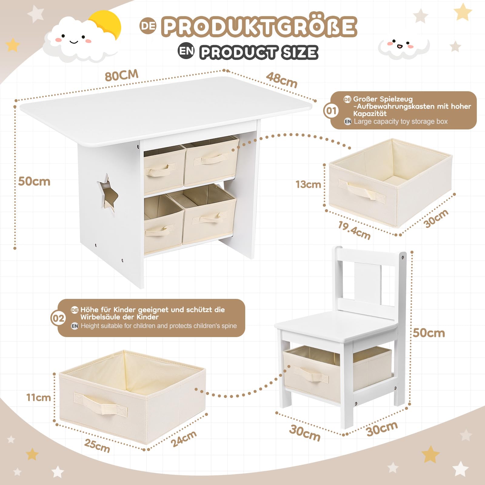 Yorbay Kindertisch mit 2 Stühle, Kinderaktivitätstisch mit Stauraum, 3tlg Kindersitzgruppe, Sitzgruppe für Kinder, Maltisch für Kinderzimmer, Spielzimmer, Vorschüler, Kindermöbel (Weiß)