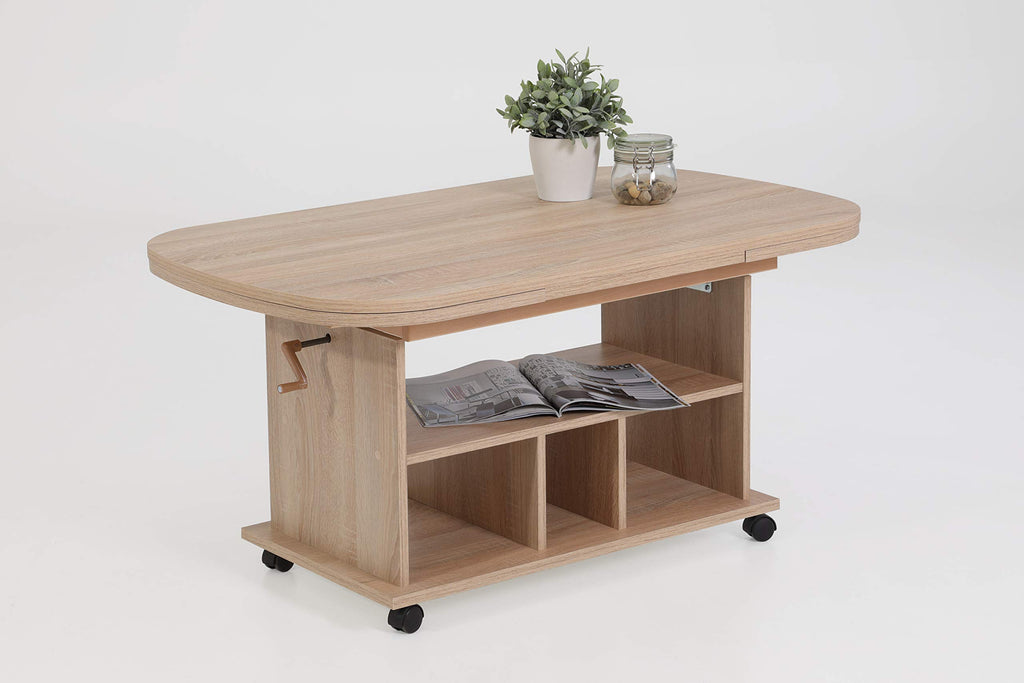 Hela Tische, Funktionscouchtisch Babsi, Holzwerkstoff melaminbeschichtet, Sonoma Eiche, höhenverstellbar 53-63cm, ausziehbar 107-157cm, auf Rollen