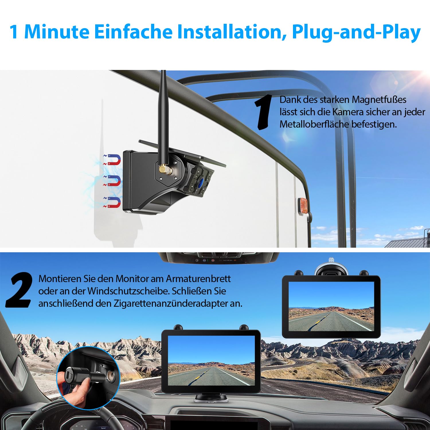 Rückfahrkamera Kabellos Dual Solar Magnetische Rückfahrkamera: 7“ 1080P Touchscreen IPS-Monitor, 12000mAh Akku, 1 Min Einrichtung, IP69K Wasserdicht Rückfahrkameras für Wohnmobile,Anhänger und LKWs