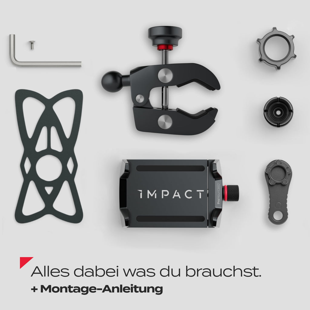 Impact® Pro Mount 360° Handyhalterung Fahrrad mit Universal Halterung - Handyhalter [Smartphone KOMPATIBEL 4 bis 7 Zoll] - Handyhalterung für Fahrrad Lenker mit Kugelgelenk & Sicherheitsgummi