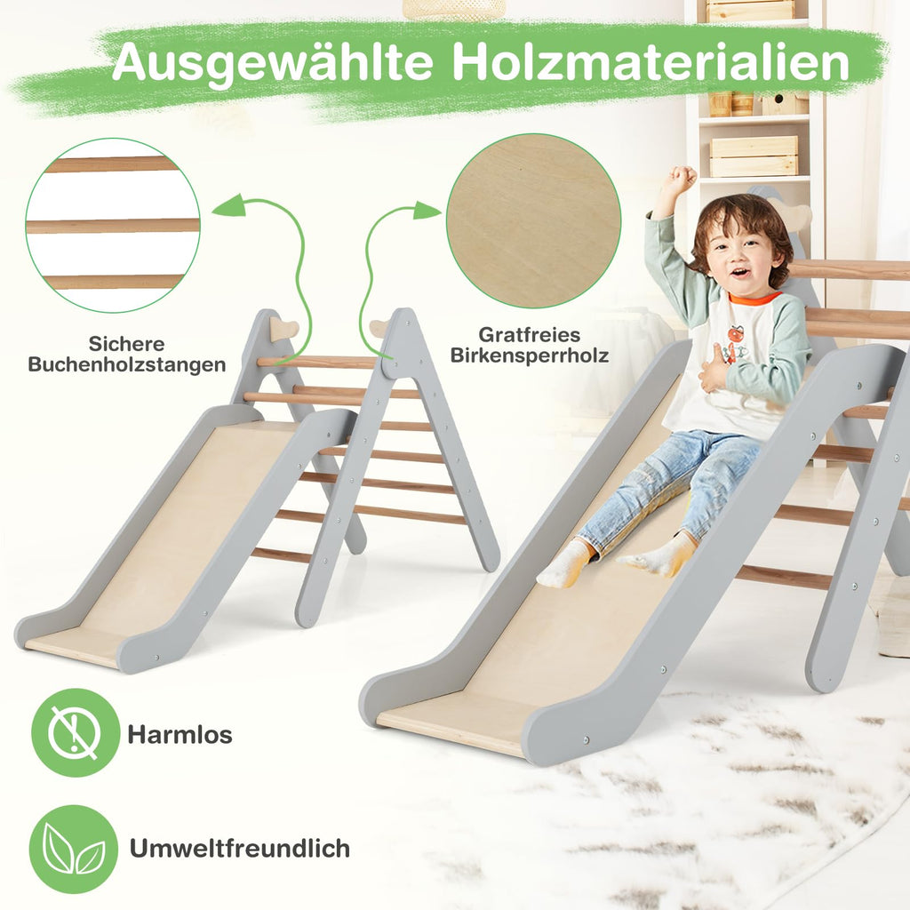 COSTWAY Kletterdreieck mit Rutsche, Klettergerüst aus Holz, Sprossendreieck zum Rutschen und Klettern, für Kinder ab 1 Jahre (Grau)