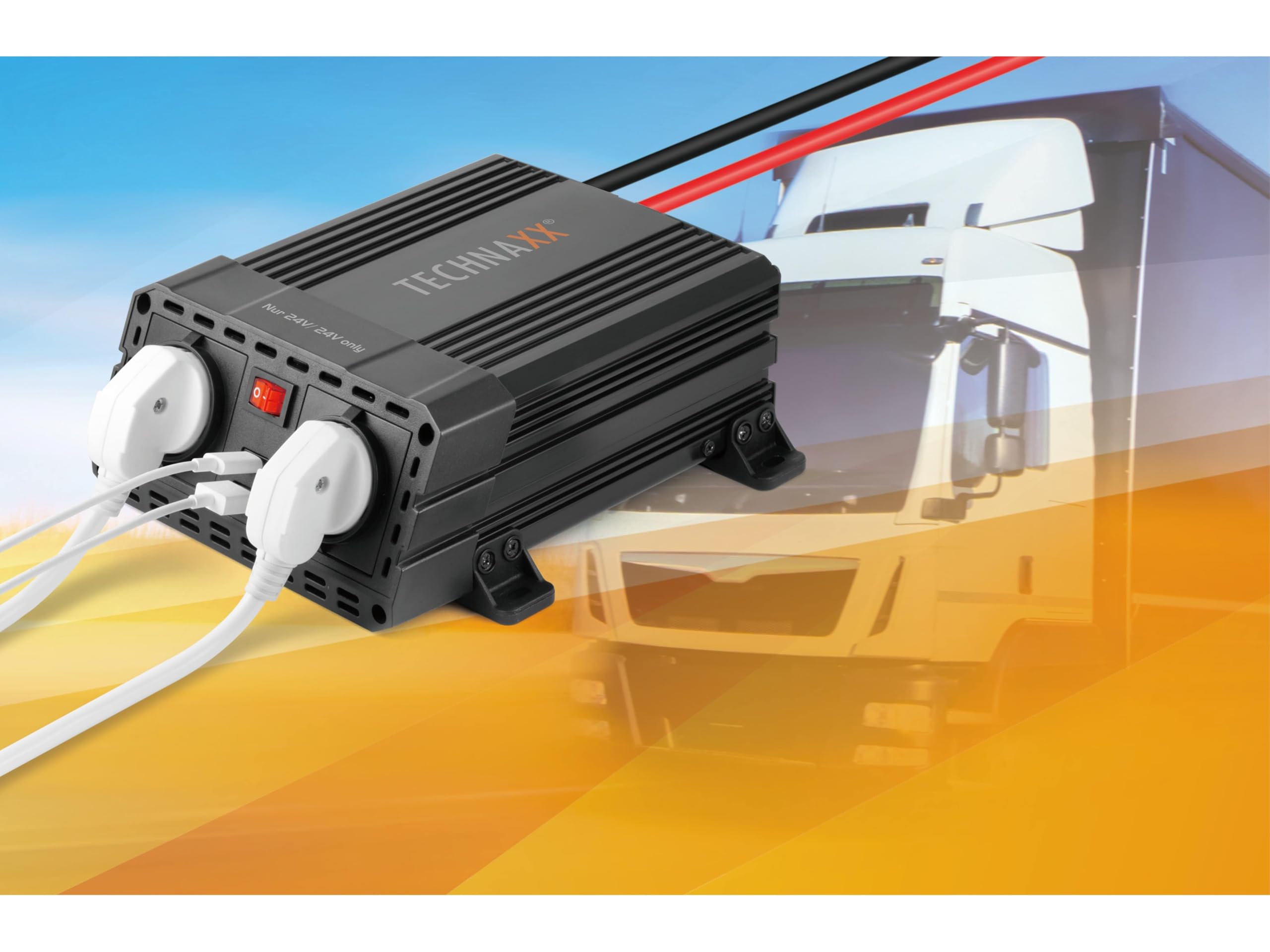 Technaxx Wechselrichter 24V auf 230V - LKW Inverter mit 2X Schuko-Stecker und 2X USB-Port - Power 600W / 1200W (Spitze) - Spannungswandler TE19 24V