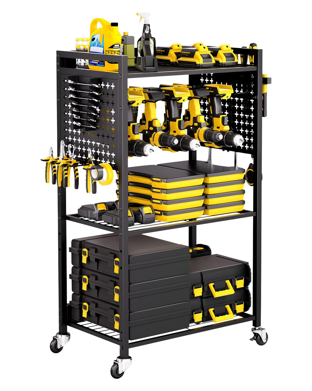 VEVOR Werkzeugwagen mit 4 Ebenen, Tragkraft 68 kg, Werkstattwagen mit rollbarem Bohrerhalter & stabilem Lagerregal, Montagewagen für die Garage, Werkstatt, Garage, schwarz, 560x350x970 mm