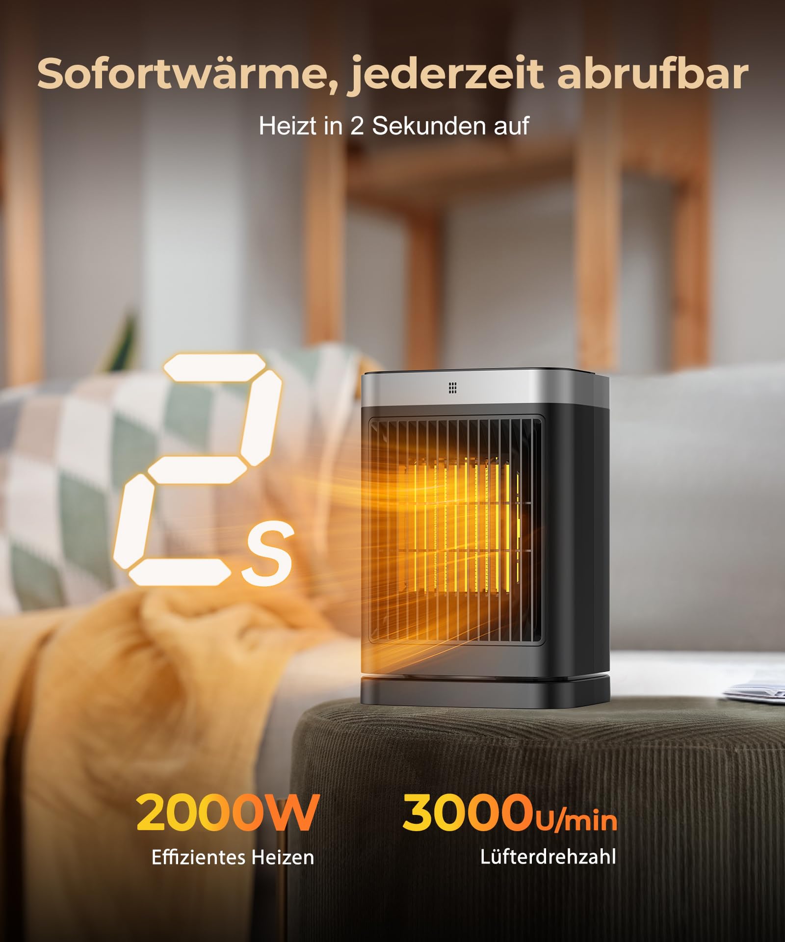 PNTCK Heizlüfter Energiesparend mit Fernbedienung, 2000W Heizung Elektrisch Klein, PTC Keramik Heizlüfter Leise mit 12h Timer, 3 Modus, Überhitzungs-Kippschutz, Elektroheizung für Räume Schlafzimmer