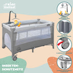 all Kids United® Baby Reisebett Babybett - Babycenter Kinderreisebett Kinderbett mit Matratze, Wickelauflage, Musikspiel und Mobile (Grau)