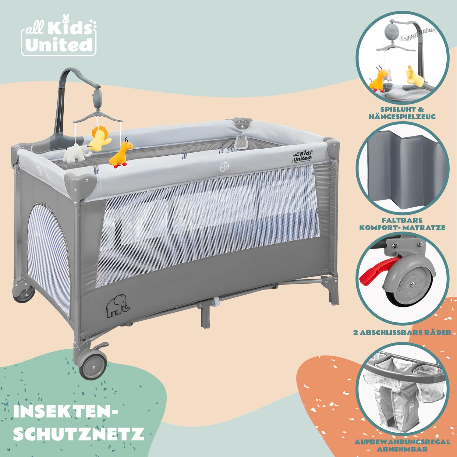 all Kids United® Baby Reisebett Babybett - Babycenter Kinderreisebett Kinderbett mit Matratze, Wickelauflage, Musikspiel und Mobile (Grau)