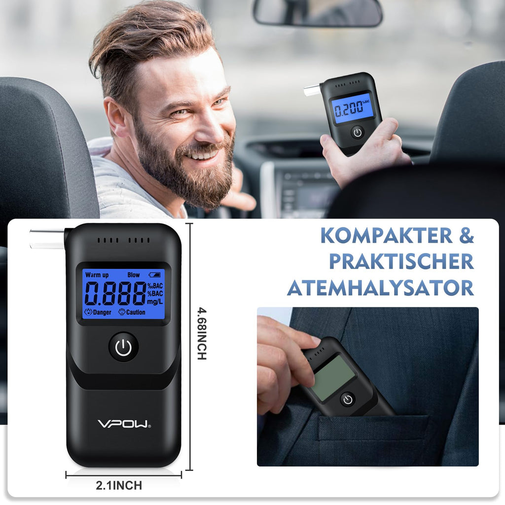 VPOW Alkoholtester, Professioneller Alkoholtester mit digitaler Blauer LCD-Anzeige, Atemalkoholtester mit Gradgenauigkeit für den privaten professionellen Gebrauch zu Hause - Dunkles Schwarz