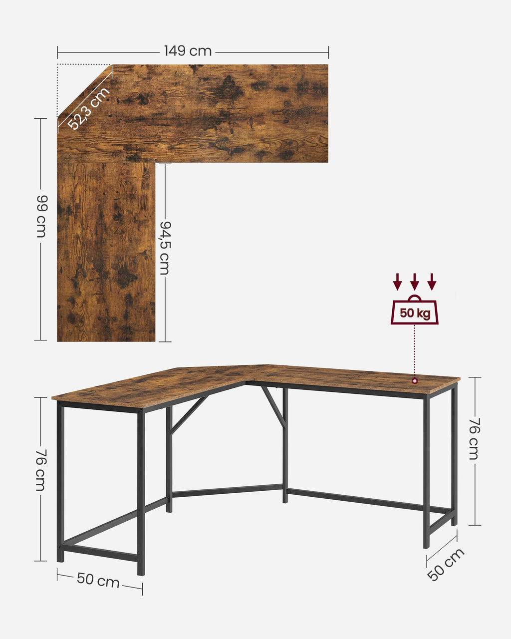VASAGLE Eckschreibtisch, L-förmiger Computertisch, 149 x 149 x 76 cm, platzsparender Bürotisch, Homeoffice, Gaming, vintagebraun-tintenschwarz LWD73X