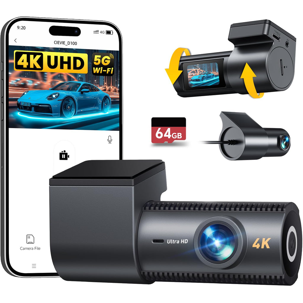 CIEVIE 4K+1080P Dashcam Auto Vorne Hinten mit 64GB SD Karte, 5GHz WiFi Dashcam mit 1,5″ IPS Display, 170° Weitwinkel, G-Sensor, WDR Nachtsicht, Loop-Aufnahme, APP Steuerung, Unterstützt 256 GB Max