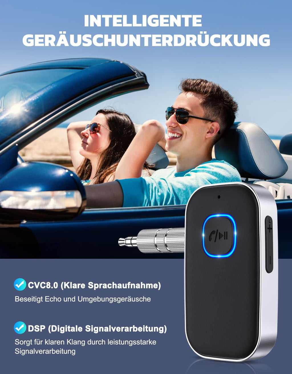 Glangeh Bluetooth 5.3 Adapter Auto, Upgraded Lärmminderung 3,5mm Aux Bluetooth Adapter, 16H Standby Empfänger Receiver Klinke für Auto Audio System, Kopfhörer, Speaker, Stereo-Endstufen