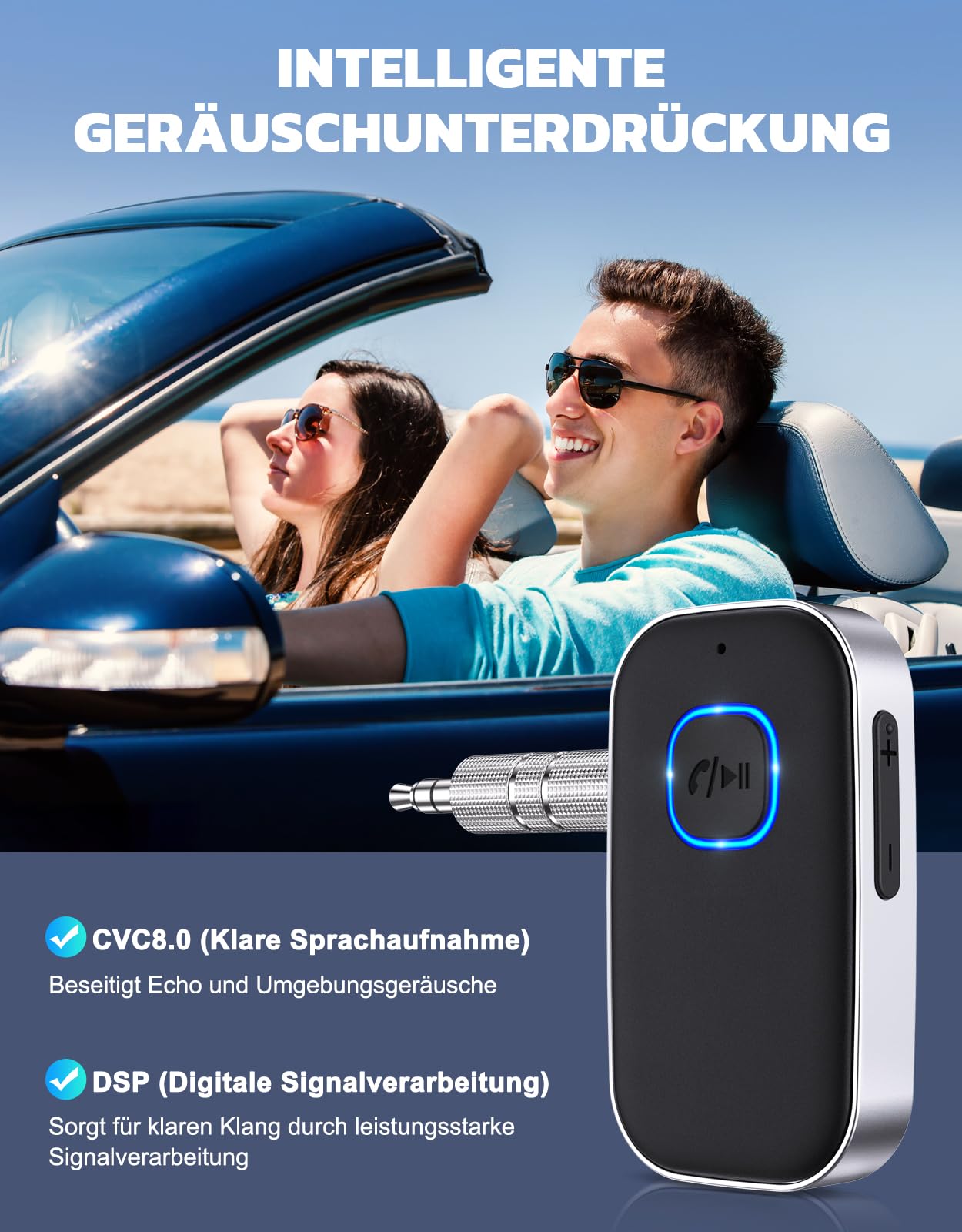 Glangeh Bluetooth 5.3 Adapter Auto, Upgraded Lärmminderung 3,5mm Aux Bluetooth Adapter, 16H Standby Empfänger Receiver Klinke für Auto Audio System, Kopfhörer, Speaker, Stereo-Endstufen