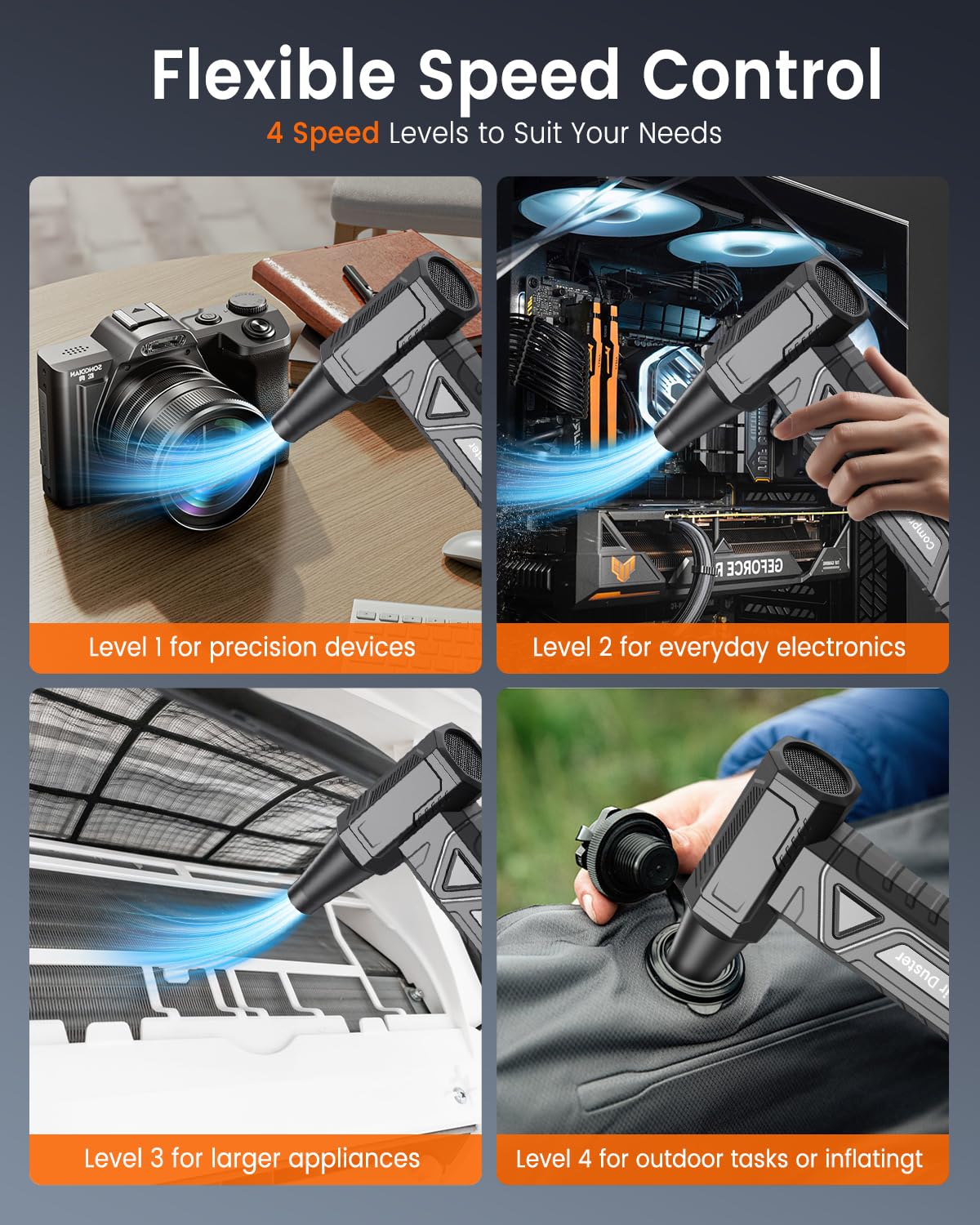 Elektrische Staubgebläse Druckluftspray für PC Reinigung - Electric Air Duster 200000 RPM, 4-Gang Einstellbare Mini-Gebläse mit Akku, Luftgebläse für Tastatur, Haus, Outdoor, Auto, W18, Schwarz