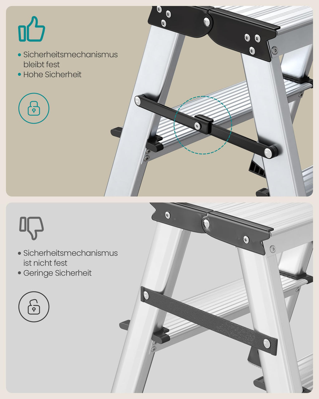 SONGMICS Leiter, Trittleiter, Aluleiter mit 3 rutschfesten Stufen, klappbar, Stehleiter, Mehrzweckleiter, bis 150 kg belastbar, Silbergrau-tintenschwarz GLT23K