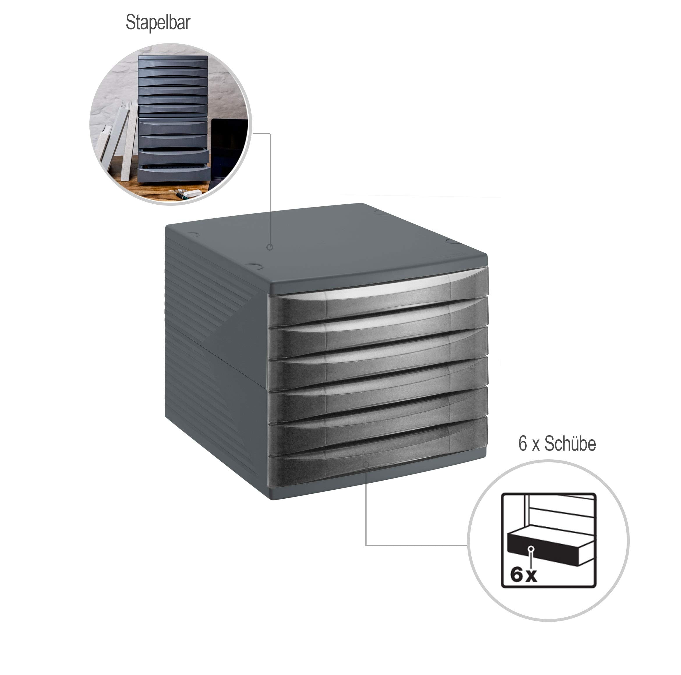 Rotho Quadra Schubladenbox / Bürobox mit 6 Schüben, Kunststoff (PS) BPA-frei, schwarz, (36.5 x 28.0 x 25.0 cm), Anthrazit