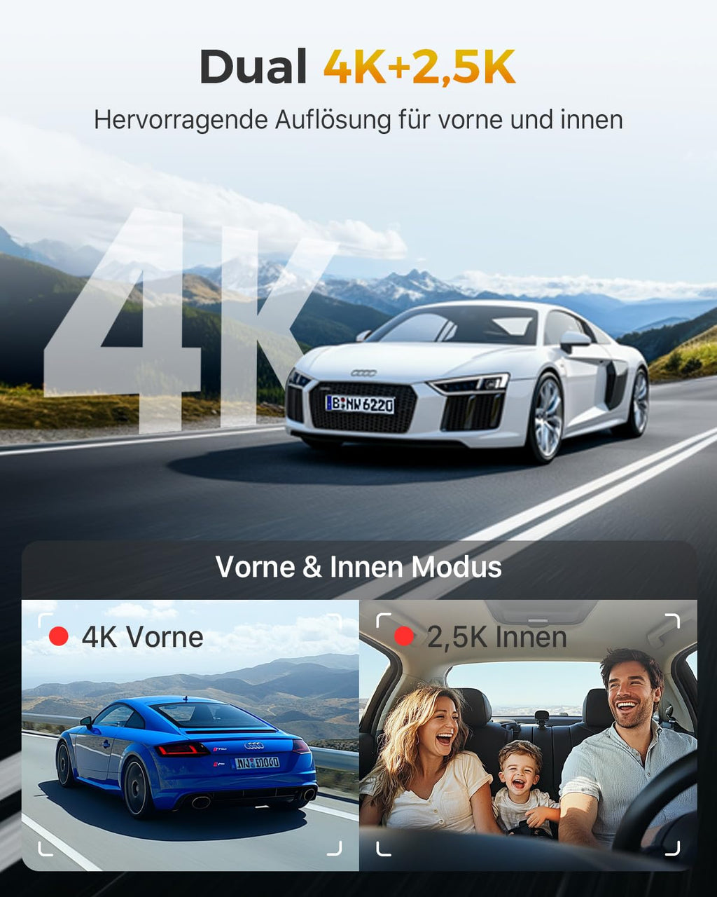 GKU 3-Kanal-Dashcam, 4K+1080P+1080P Dashcam Auto Vorne Innen Hinten mit 64GB SD Karte, GPS 5GHz WiFi, 3" IPS-Bildschirm, Super Nachtsicht,WDR,G-Sensor,Loop-Aufnahme,Parküberwachung,Max512GB