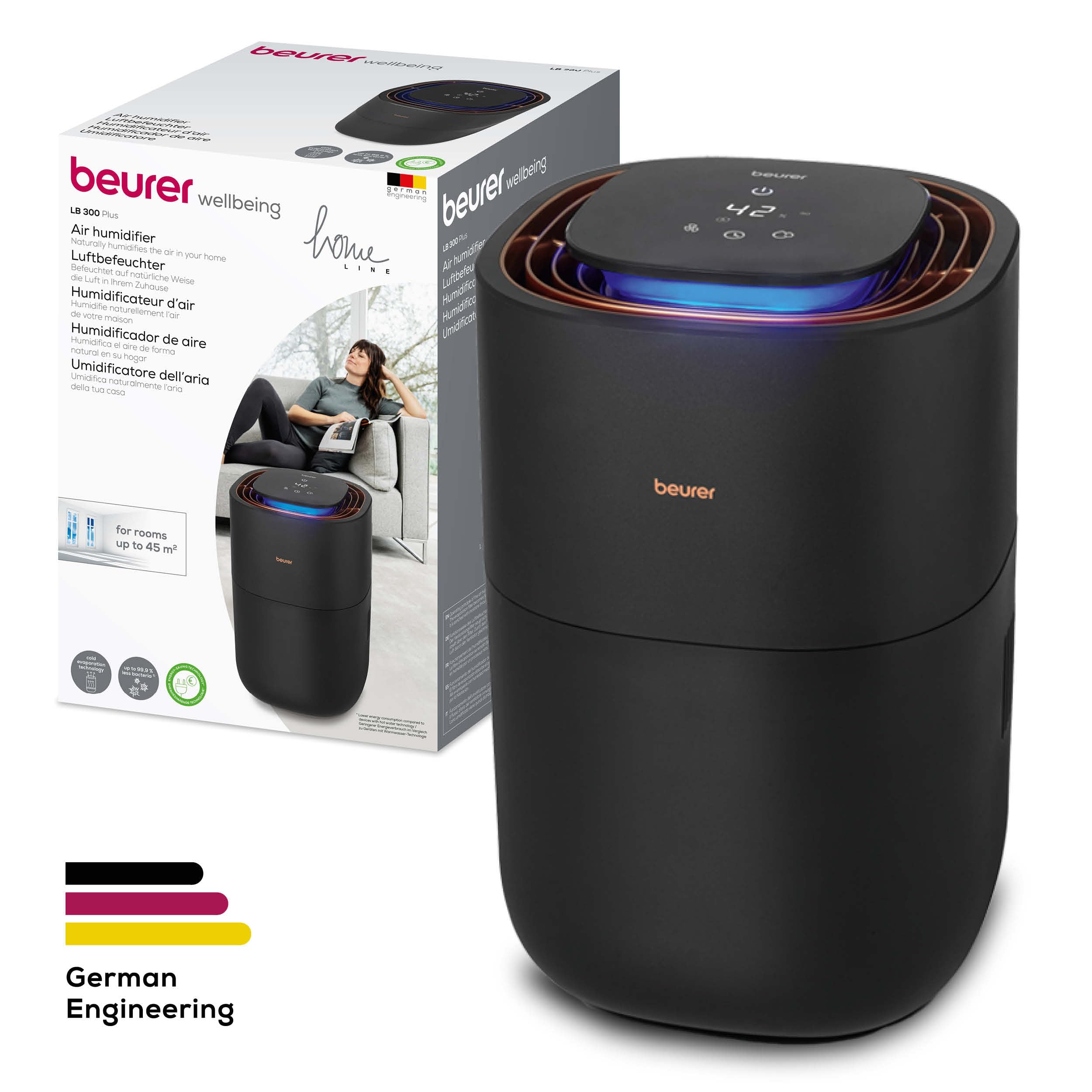 Beurer LB 300 Plus Luftbefeuchter, TESTSIEGER Stiftung Warentest, mit energieeffizienter Kaltverdunstungstechnologie, farbiger Luftfeuchtigkeitsindikator, Filtertrocknungsfunktion, Räume bis ca. 45m²