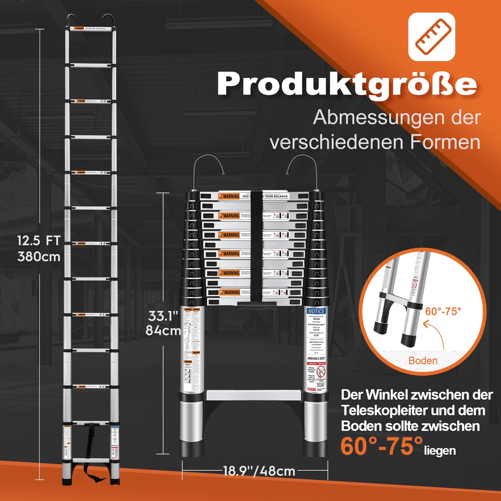 HBTower 3,8m Teleskopleiter Aluminium mit Haken, Leichte Ausziehleiter, Leiter Ausziehbar, klappbare Leiter für Dachböden, Caravans, 150kg Tragfähigkeit, Silber