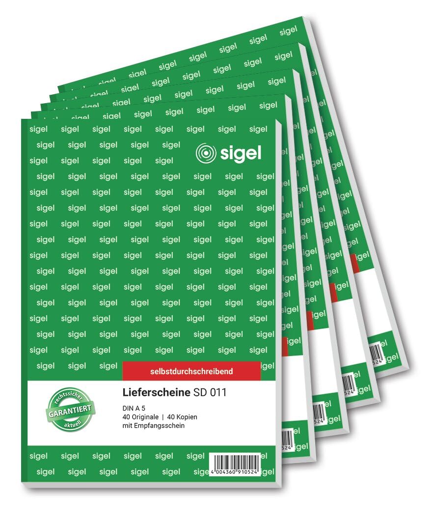 SIGEL SD011 Lieferscheine A5, 2x40 Blatt, selbstdurchschreibend, 5er Pack, Lieferscheinblock, mit Empfangsschein, mikroperforiert, aus nachhaltigem Papier