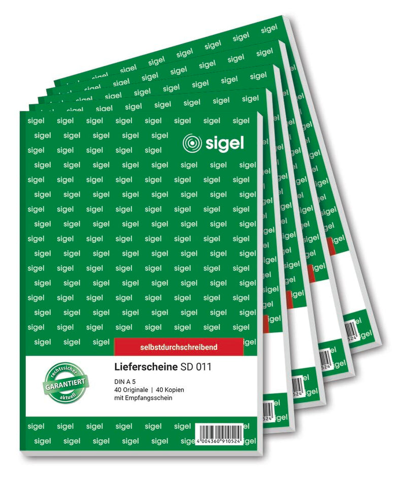 SIGEL SD011 Lieferscheine A5, 2x40 Blatt, selbstdurchschreibend, 5er Pack, Lieferscheinblock, mit Empfangsschein, mikroperforiert, aus nachhaltigem Papier