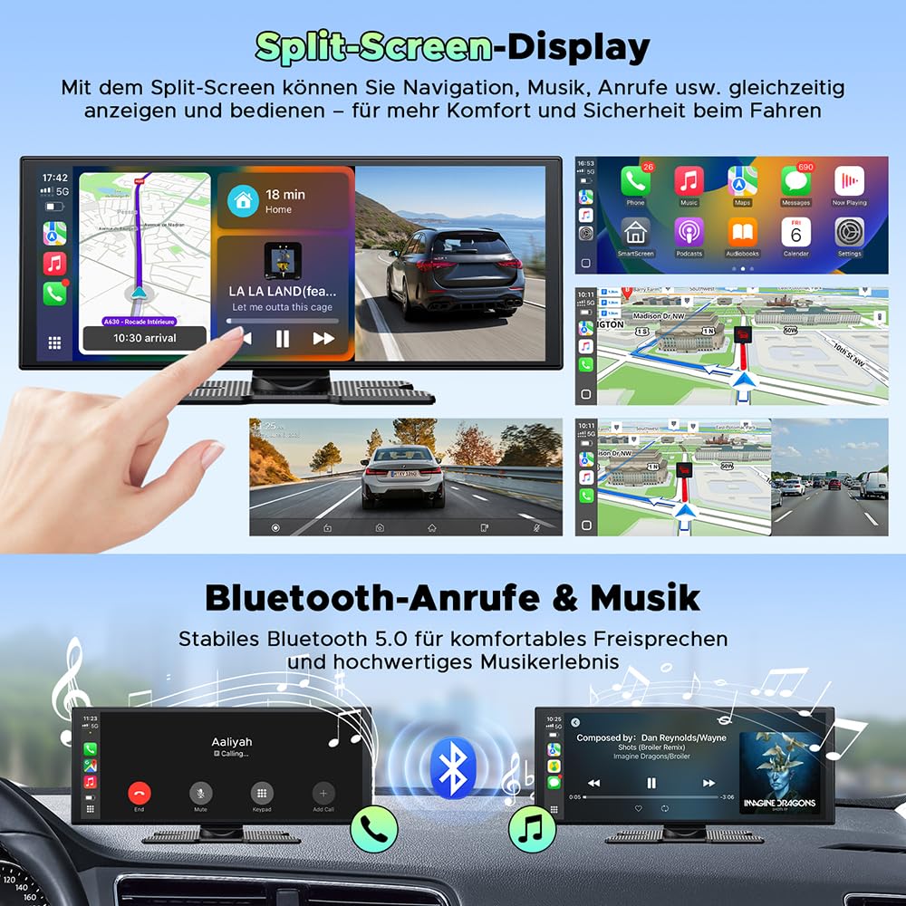 LAMTTO Wireless CarPlay Android Auto Display 10,25 Zoll In-Cell Touchscreen Car Play mit Dashcam 2.5K+1080P Sprachsteuerung Karten Navigation Bluetooth FM AUX Loop Aufnahme 64GB TF Karte