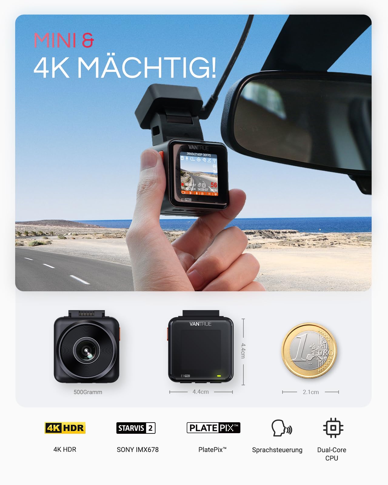 VANTRUE E1 Pro 4K HDR STARVIS 2 Dashcam Auto vorne, 5Ghz WLAN Mini Dash Cam mit CPL, GPS Sprachbefehle, 15Sek. Puffer Parküberwachung, Prima Nachtsicht, 1.54 Zoll 160°Versteckte Autokamera, max. 1TB