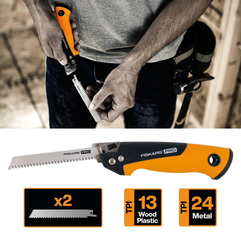 Fiskars Pro Kompakte Klappsäge, Inkl. 2 Sägeblättern, Sägeblattlänge: 15 cm, 13 TPI und 24 TPI, Schwarz/Orange, PowerTooth, 1062934