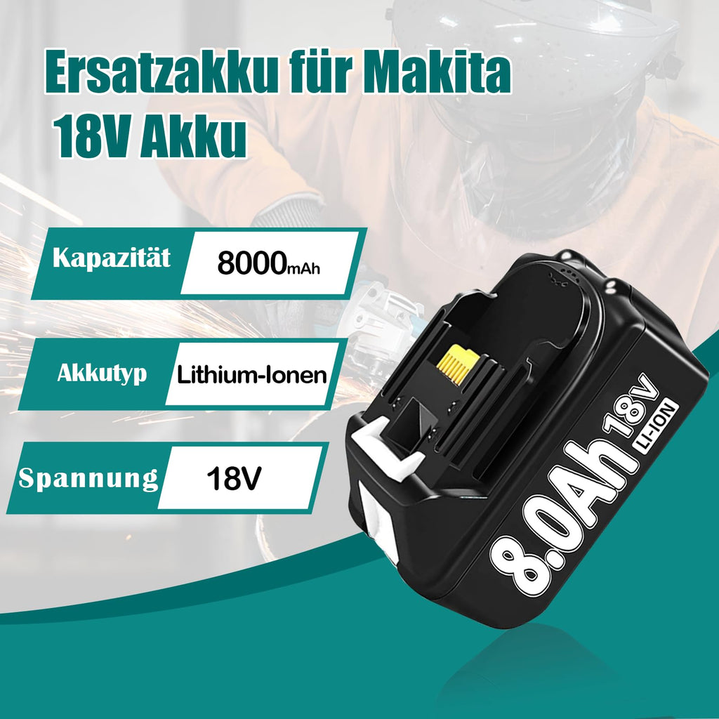 4 Pcs 8000mAh 18Volt Lithium-Ersatzakku für Makita Akku 18V, Kompatibel mit Makita 18V Akkus BL1860 BL1840 BL1830 BL1820 BL1815 BL1835 BL1845, mit LED-Indikator für Akku-Werkzeuge