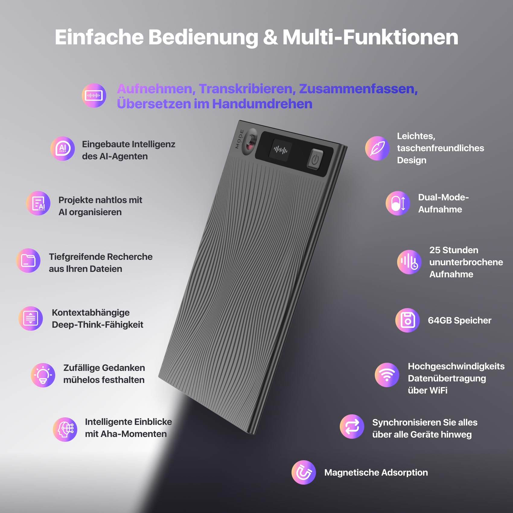 Mobvoi TicNote KI Digitales Diktiergerät, 64 GB Speicher, Notizrekorder mit Hülle, App-Steuerung, über 100 Sprachen, Transkribieren, Zusammenfassen mit AI Shadow,digitaler Audiorekorder Sprachrekorder