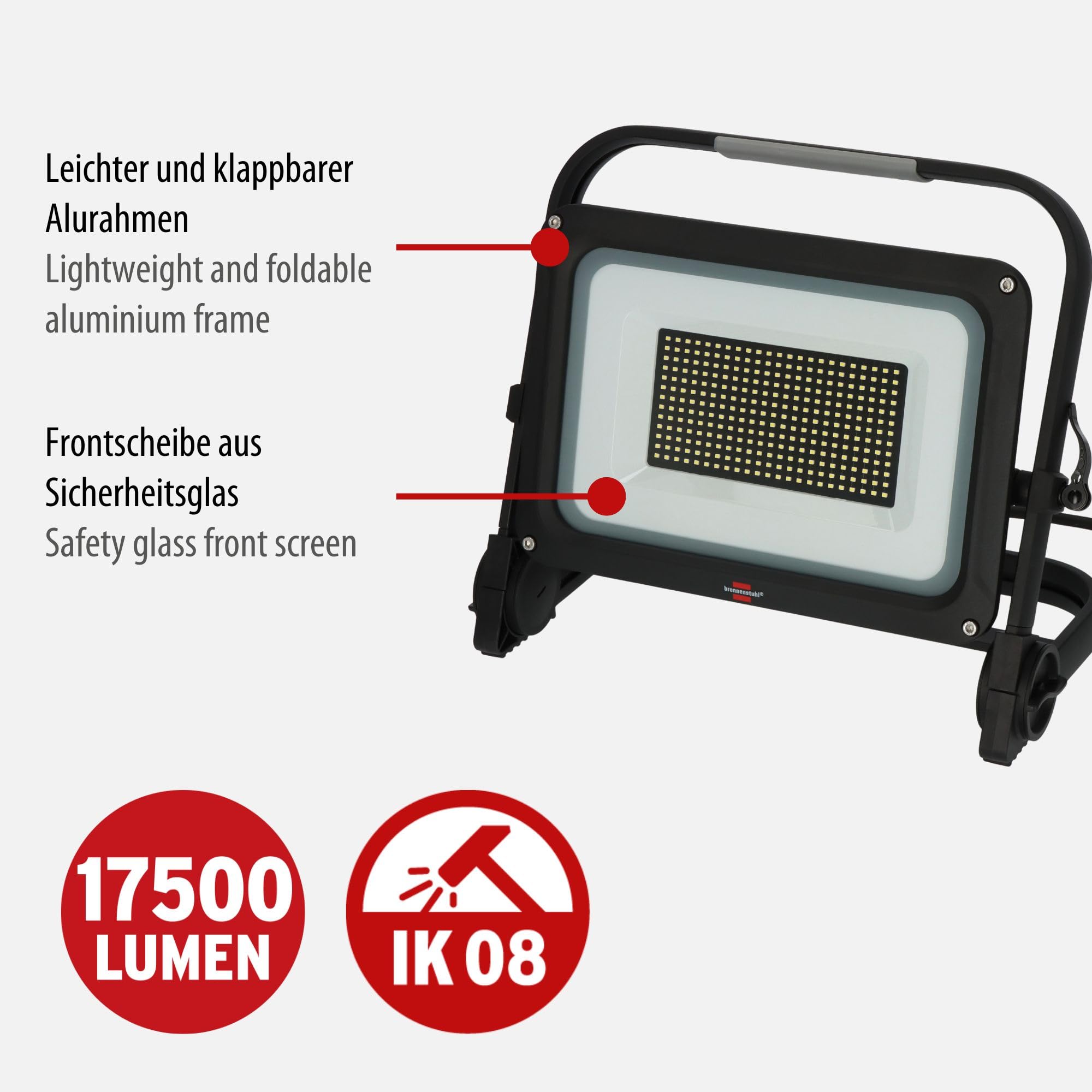 Brennenstuhl LED Baustrahler JARO 20060 M (150W, 17500lm, 6500K, IP65, dimmbar, 5m Kabel, LED Arbeitsstrahler mit Schnellspannverschluss)