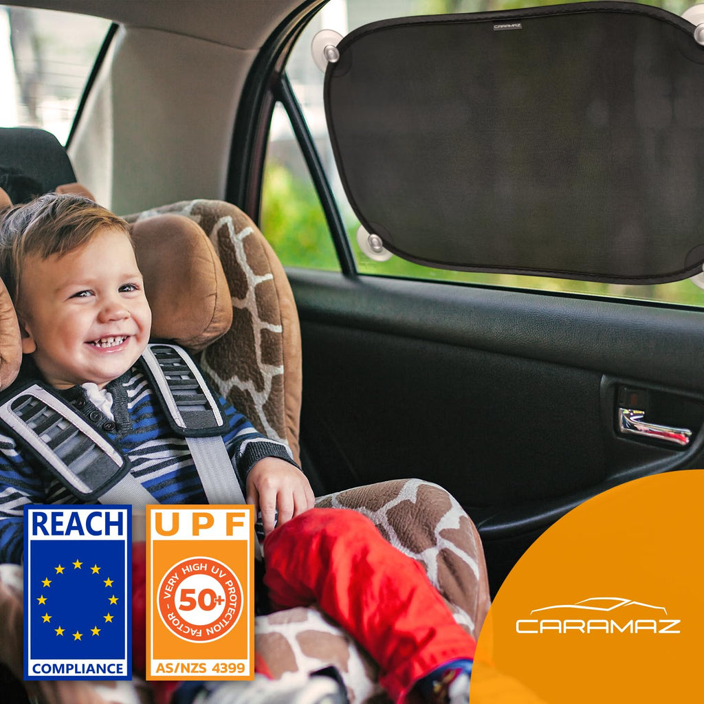 CARAMAZ Sonnenschutz Auto Baby mit zertifiziertem UV Schutz, universell passend 48 x 30 cm, 2 Stück Sonnenblende, mit Saugnäpfen