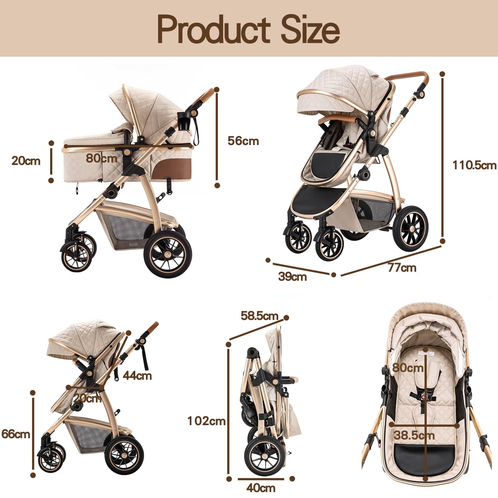 Gcarebb 3-in-1-Kinderwagen mit höhenverstellbarem Griff, mit Moskitonetz, mit Aluminiumrahmen, für Babys von 0 bis 4 Jahren