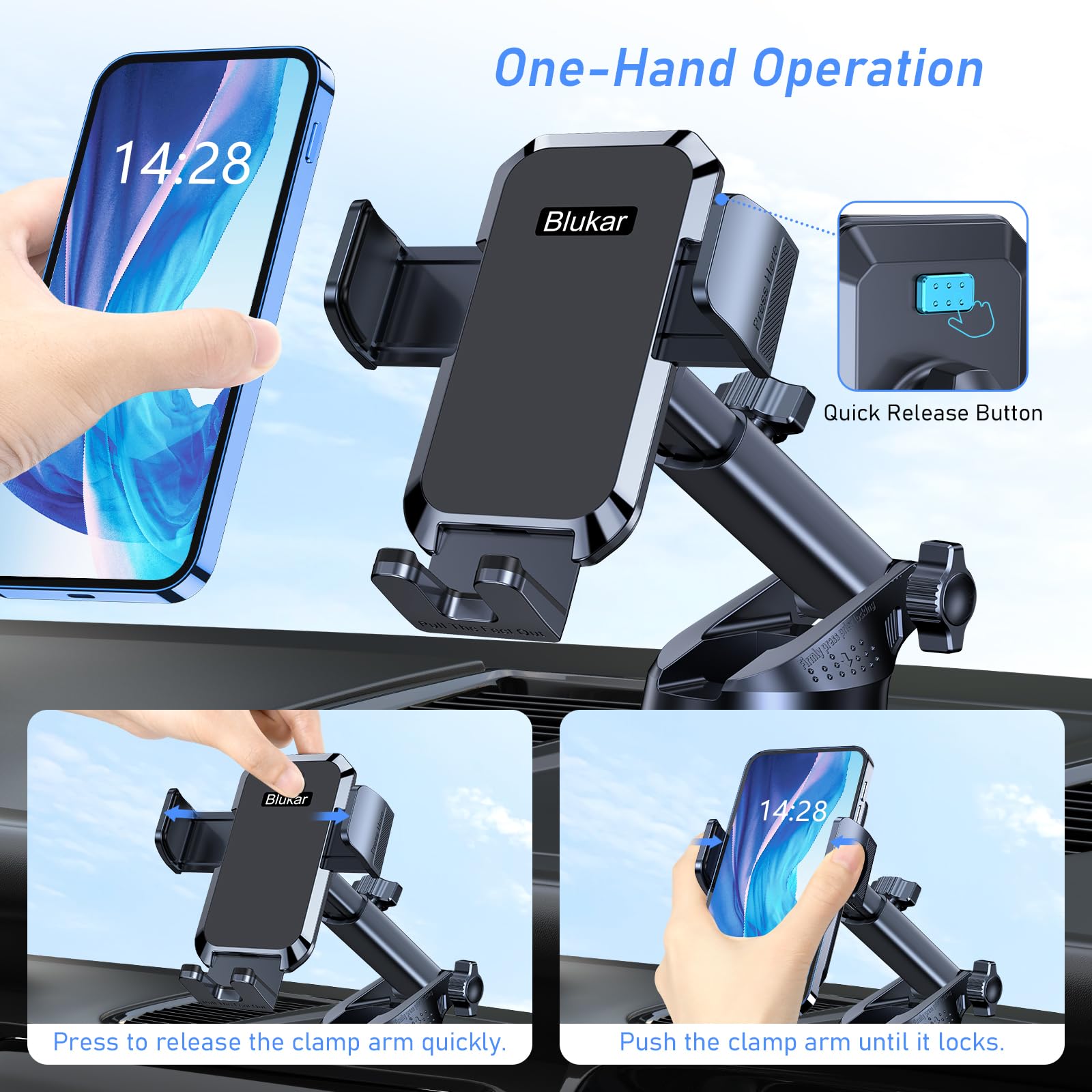 Blukar Handyhalterung Auto, [Upgrade Saugnapf] Handyhalter für Autos Armaturenbrett & Windschutzscheibe, 360° Drehbar KFZ Handy Halterung mit EIN-Knopf-Release für iPhone, Galaxy, Mate usw.
