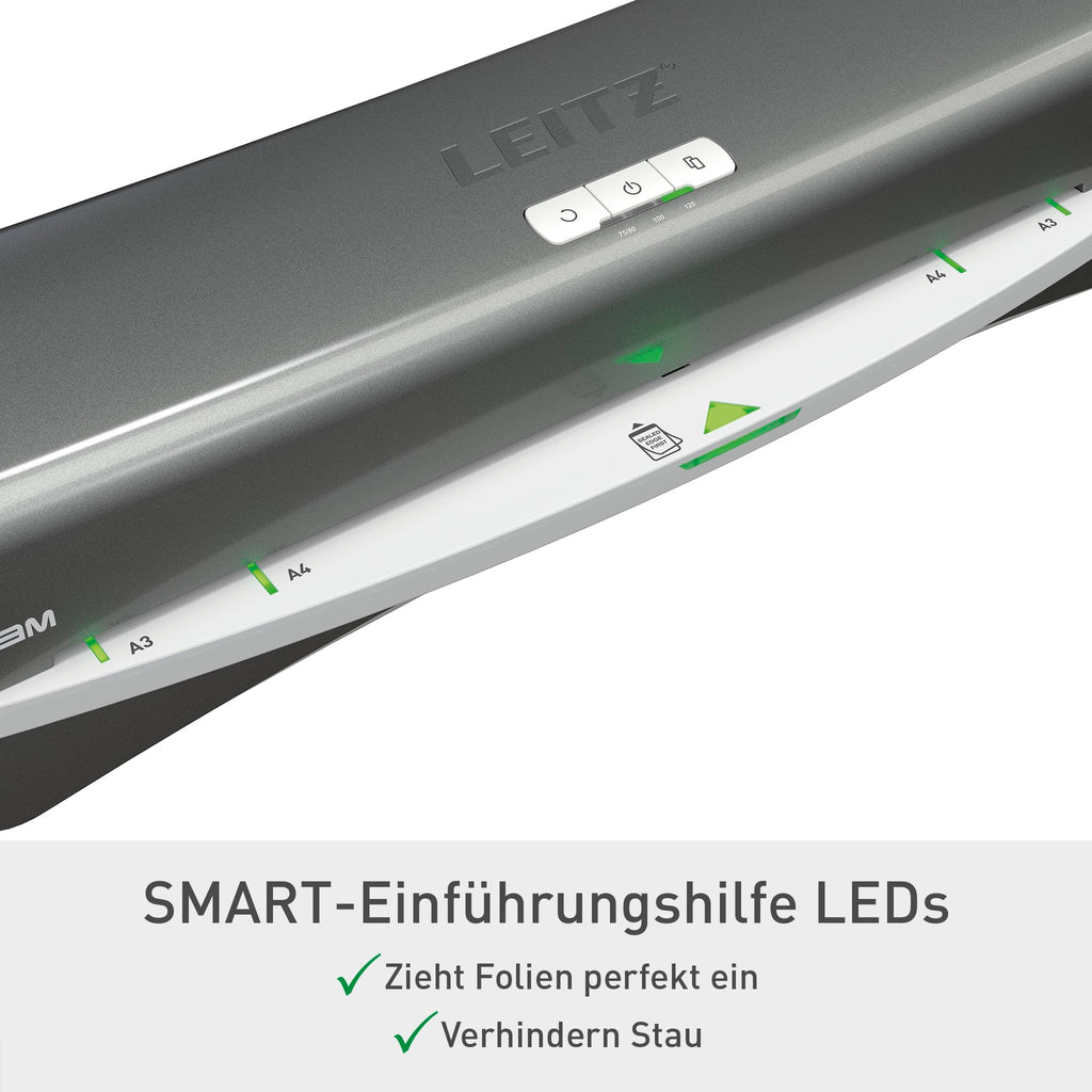 Leitz iLAM Office A3 Laminiergerät, ultraschnelle Aufwärmzeit von 1 Min, für 75-125 mic Folien, Eingabehilfen-LEDs & LED-Status, Anti-Stau, Auto-Abschaltung, inkl 5 Laminierfolien, Grau/Weiß, 72530084