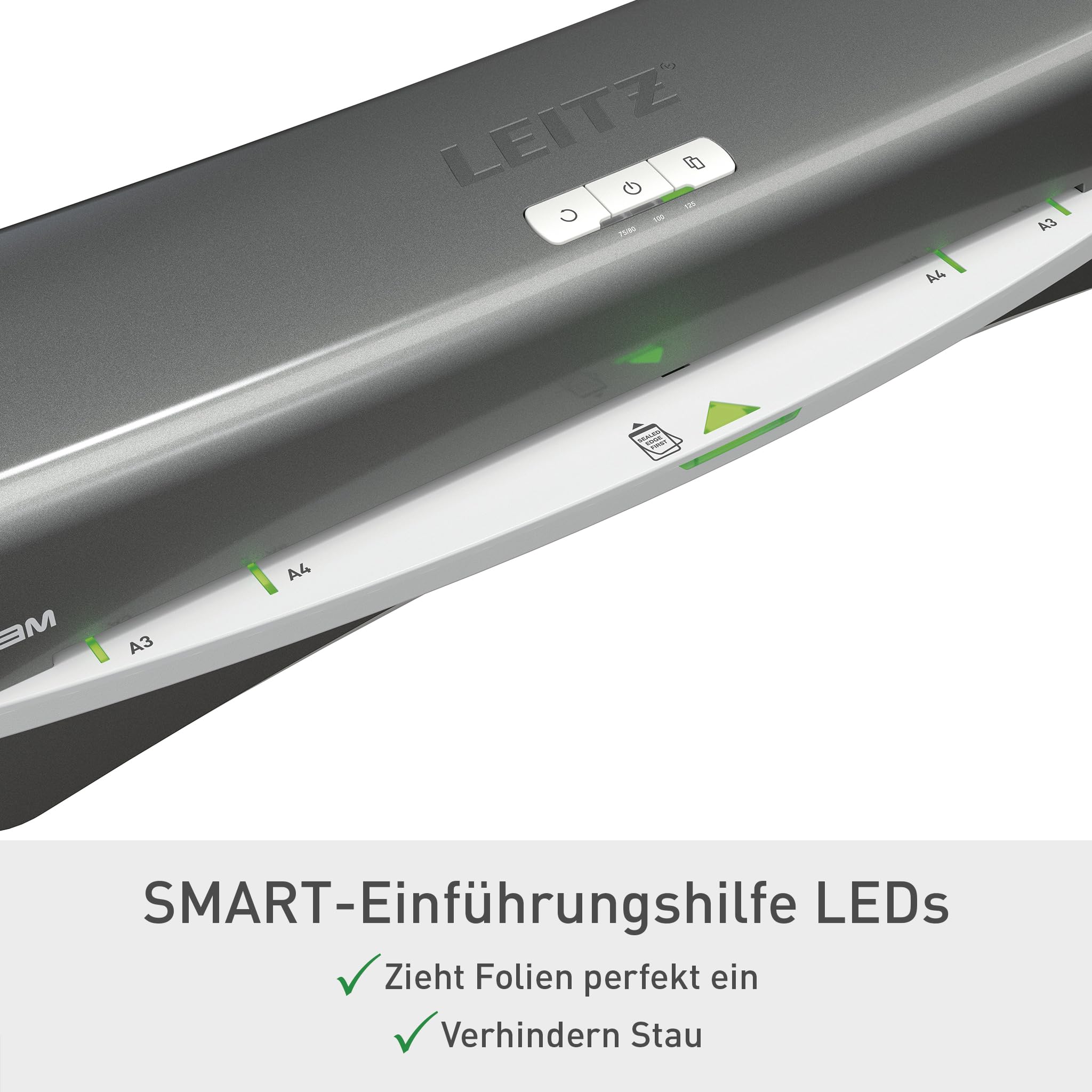 Leitz iLAM Office A3 Laminiergerät, ultraschnelle Aufwärmzeit von 1 Min, für 75-125 mic Folien, Eingabehilfen-LEDs & LED-Status, Anti-Stau, Auto-Abschaltung, inkl 5 Laminierfolien, Grau/Weiß, 72530084