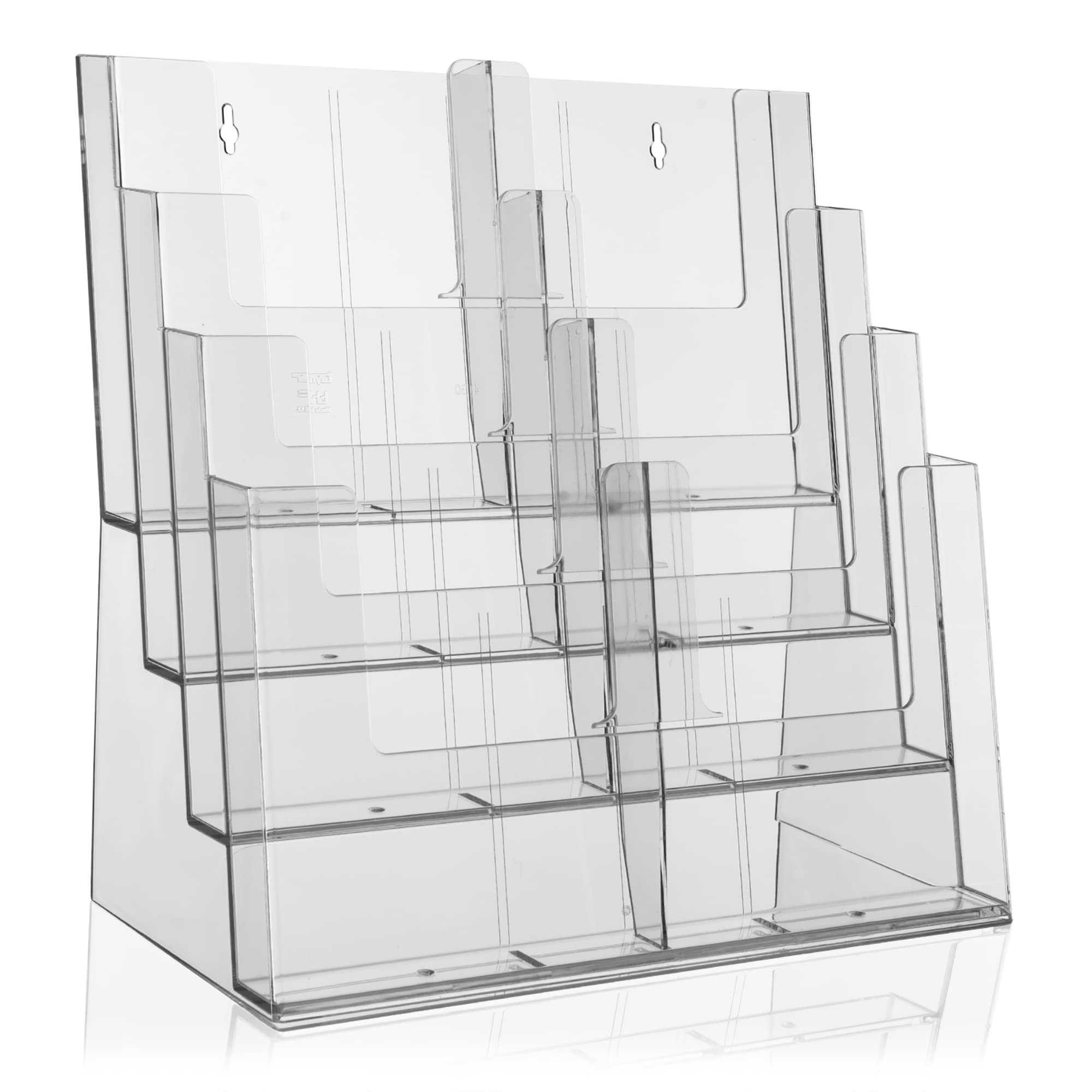 Taymar Prospektständer Tribüne für DIN A4, A5, DIN lang, DL, A6 Flyer, flexibler, transparenter Tischprospektständer als standfester Aufsteller, Flyerständer mit 4 Etagen, optional als Wand-Prospekthalter