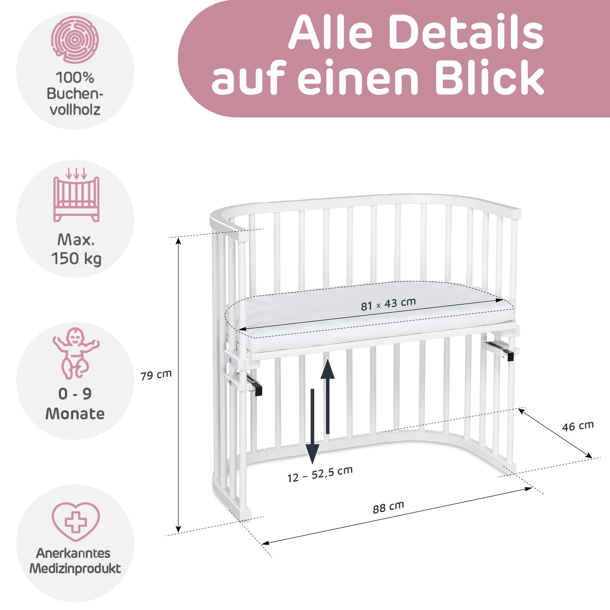 babybay Original Beistellbett aus massivem Buchenholz/kompakt & verwandelbar/Kinderbett Höhe stufenlos verstellbar/mitwachsendes Babybett (weiß lackiert) / inkl. Matratze, Gitter, Rollen