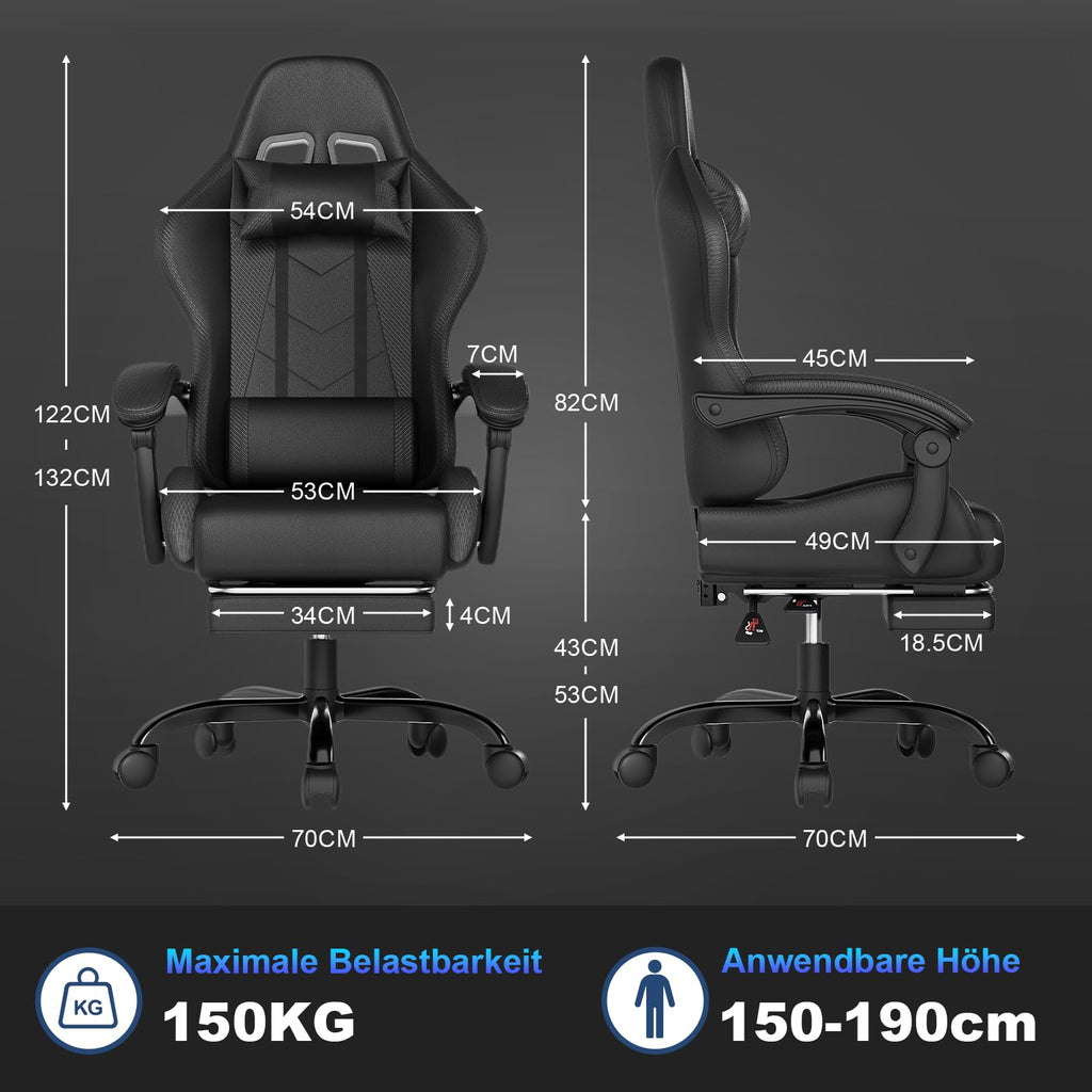 JUMMICO Gaming Stuhl Massage, Bürostuhl Ergonomisch Mit Massage-Lendenkissen, Gamer Stuhl verstellbare Rückenlehne 90-135°,und fußstütze, Gamingstuhl 150 kg belastbarkeit, Schwarz