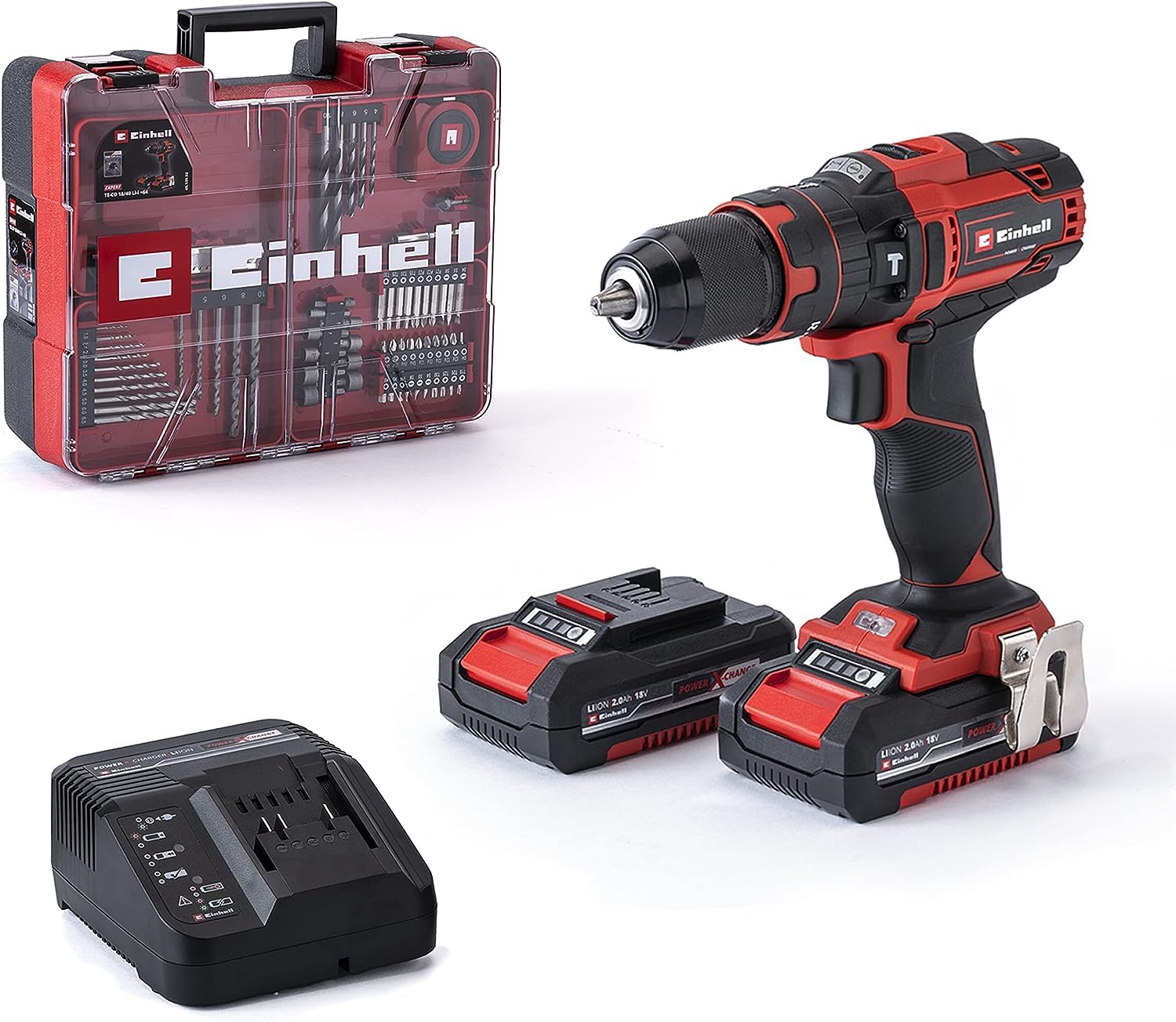 Einhell Akku Schlagbohrschrauber-Set TE-CD 18/40 Li-i plus 64 Power X-Change (Li-Ion, Drehzahl-Elektronik, 2-Gang-Getriebe, Max. 24.000 Min-1, Ladegerät und Zubehör), Schwarz, Rot, 18 V, 40 Nm