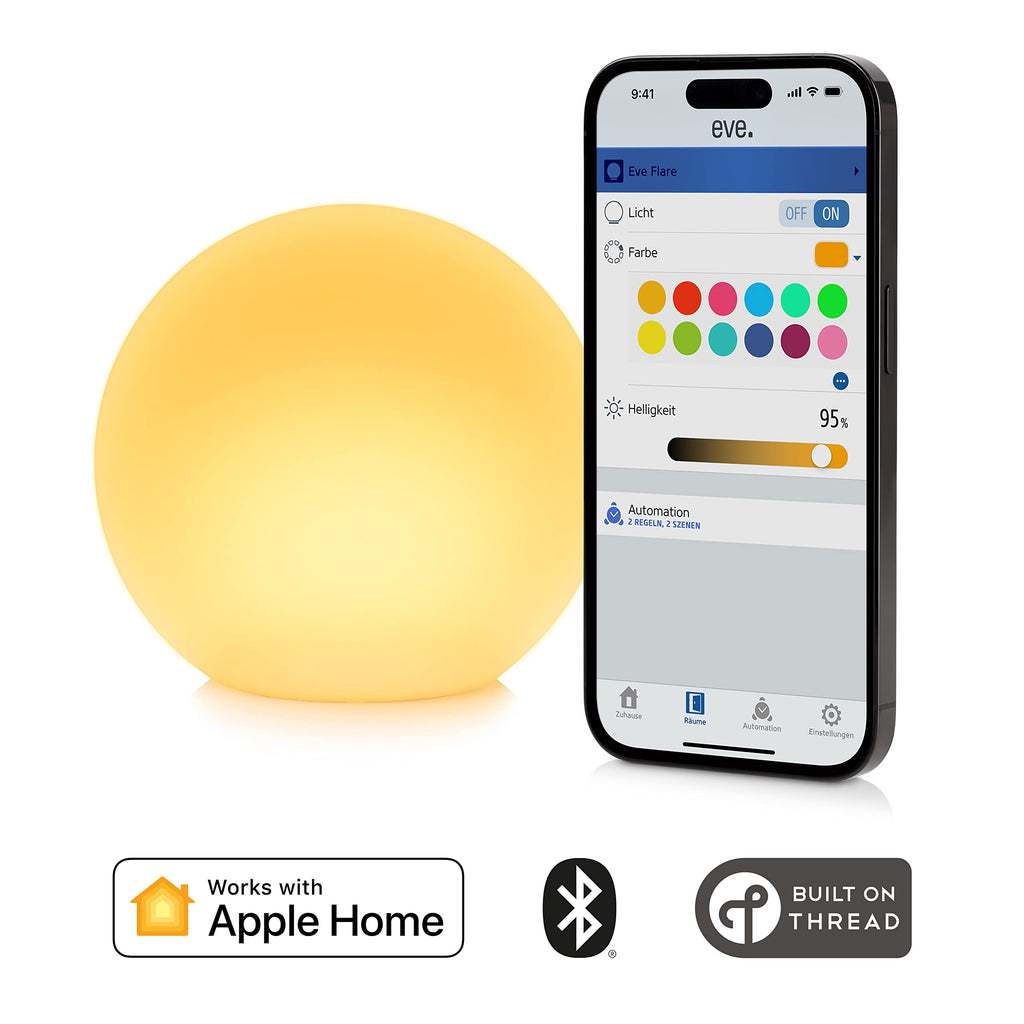 Eve Flare (Apple Home) – Tragbare smarte LED-Kugelleuchte, wasserbeständig, weißes & farbiges Licht, 90 lm, Ø 25 cm, dimmbar, keine Bridge nötig, Bluetooth & Thread, App-Steuerung