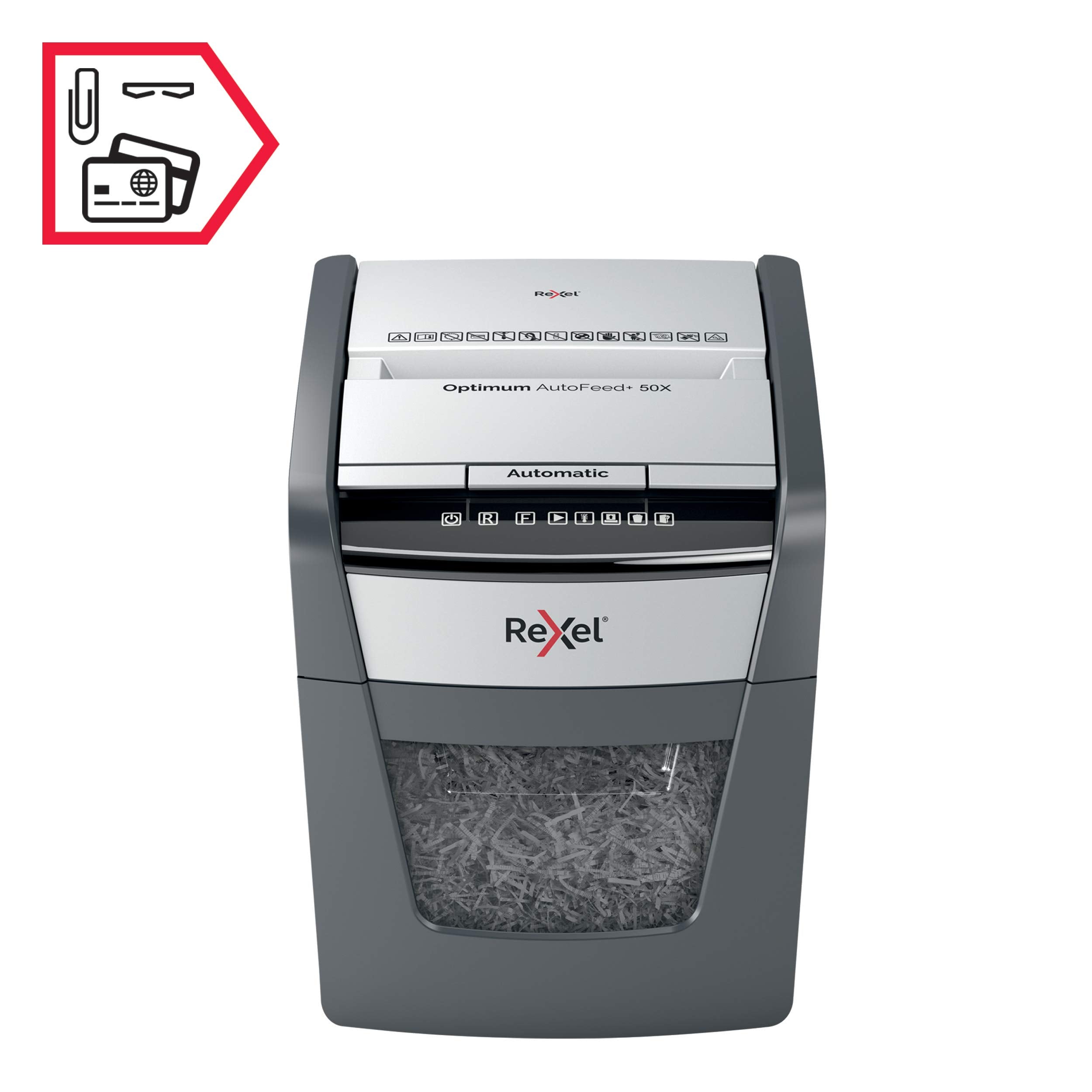 Rexel Optimum AutoFeed+ 50X Automatischer Aktenvernichter, 50 Blatt automatisch, Sicherheitsstufe P4, Partikelschnitt, für Zuhause / Home Office, 20 Liter Abfallbehälter, 2020050XEU