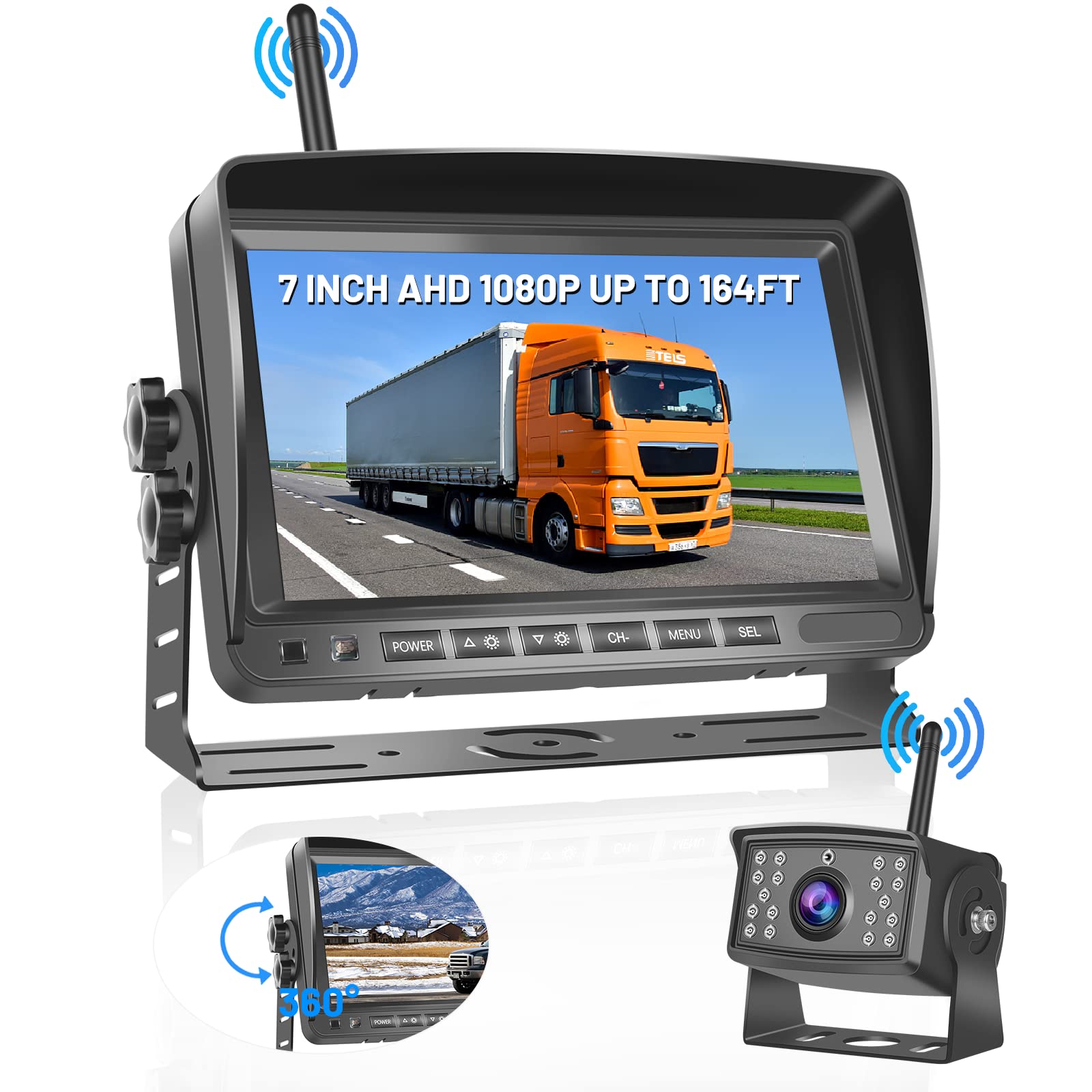 Hikity Kabellos Digital AHD Rückfahrkamera Set mit 7‘’ Split-Screen Monitor IPS Bildschirm & IP66 wasserdichte 18IR Nachtsicht Auto Rückfahrkamera, 12-36V für Auto LKW Wohnmobil Anhänger Van