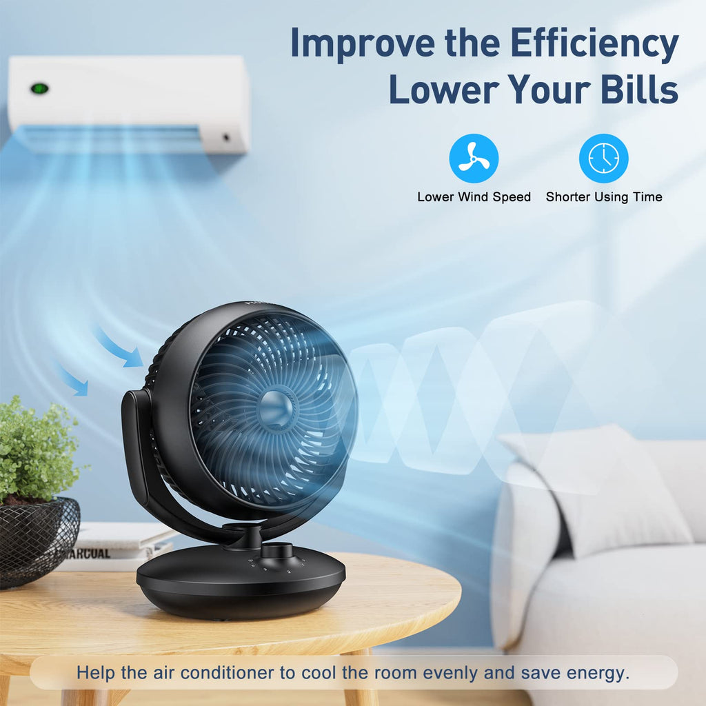 Ventilator Leise, 22dB Tischventilator sehr Leise, Fan mit 3 Geschwindigkeiten und 90° Verstellbare Neigung für 15m² Räume, Leistungsstarker 3D Turbo Ventilatoren für Büro, Schlafzimmer,Schwarz