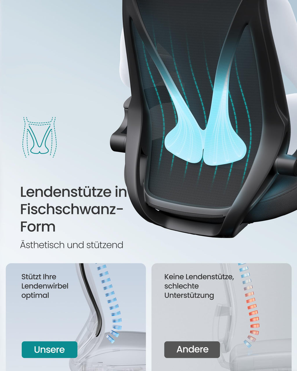 SONGMICS Bürostuhl, Schreibtischstuhl, ergonomische Rückenlehne, höhenverstellbar, hochklappbare Armlehnen, Drehstuhl mit Kopfstütze, bis 150 kg belastbar, tintenschwarz OBN088B01