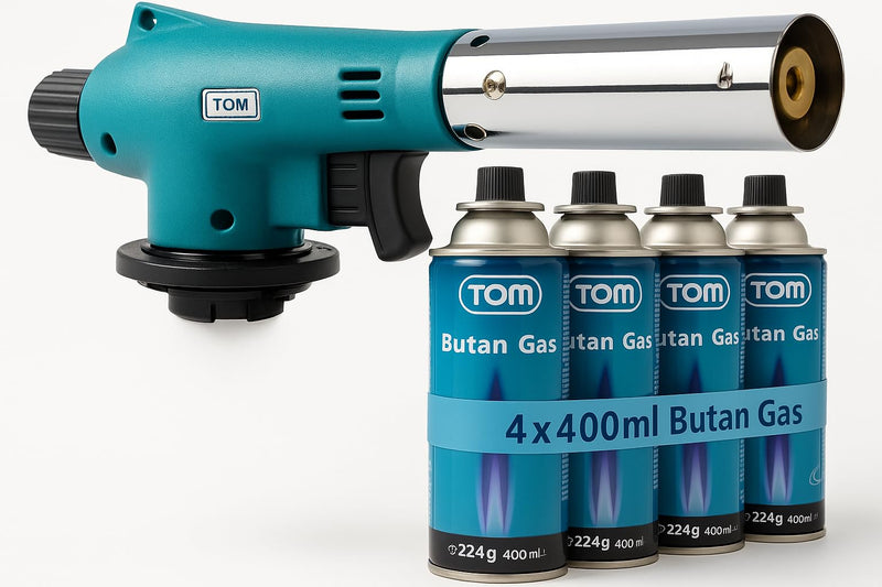 TOM Gasbrenner – Brenneraufsatz - Gaskartuschen mit Bajonettverschluss MSF-1A für Werkstatt, Garten, Küche & Co. – 1300°C – Piezozündung – Lötbrenner – Bunsenbrenner (Gasbrenner mit 4 Gaskartuschen)